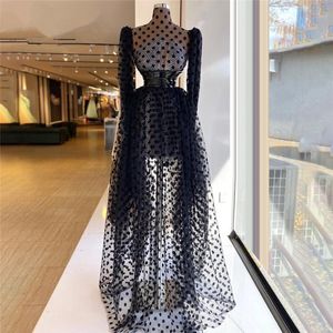 Alto pescoço vestido de noite preto ponto mangas compridas uma linha vestidos de baile elegante personalizado festa formal desgaste robe de mariée