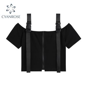 Gothic Black Off Ombro Mulheres Tees Zipper Manga Curta Straps Camisetas Verão Moda Streetwear Causal Feminino Crop Tops 210515