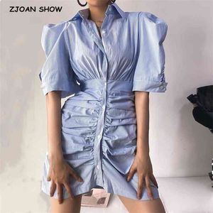 Retro Blue White Striped Pleated Ruched Mini Dress Woman Vintage Buttons Short Sleeve Puff Cuff Shirt Dresses Holiday 210429