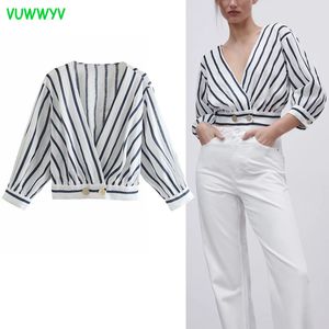 Women Tops White Striped Linen Crop Top Woman Blouses Summer Long Sleeve Ladies Casual Tunics Fashion Streetwear 210430
