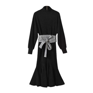 PERHAPS U Black Turtleneck Sash Long Sleeve Fit And Flare Knitted Maxi Dress Autumn Winter Elegant Solid D0795