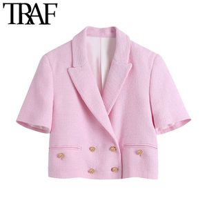 TRAF 여성 패션 버튼 트위드 트위드 자른 블레이저 코트 빈티지 긴 소매 여성 겉옷 세련된 Veste Femme 210415