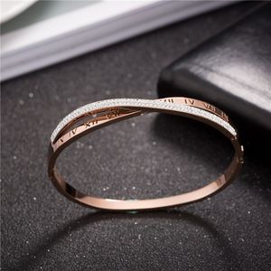 New Trendy Rose Gold Titanium Steel Bangle Full Diamond Roman Numerals Wristband Bracelet