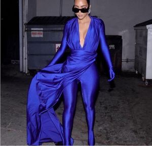 Aftonklänning kvinnor klänning yousef aljasmi 2 pieces v-ringen zuhair murad långärmad blå jumpsuit myriam fares mantel kim kardashian kylie jenner