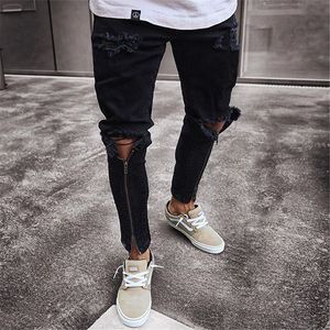 Moda Homens rasgados Biker Jeans Streetwear Slim Denim Calças Elástico Skinny Destruído Hip Hop Zip Calça Jeans Preto Calças Casuais
