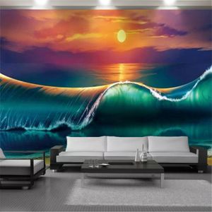 Mural Mural 3D papel de parede bonito paisagem por do sol com enormes ondas interior interior decoração sala de estar quarto pintura de pintura