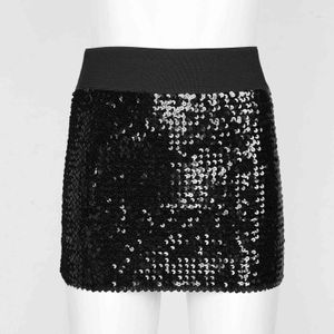 Womens Ladies Fashion Club DJ Bar Dance Show Skirts Shiny Sequins Stretchy Miniskirt Elastic Waistband Hot Skirt Clubwear X0428