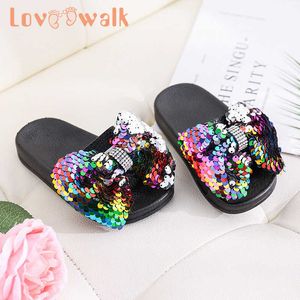 Summer Sandals Slippers Kids Girls Sequins Big Bowtie Baby Beach Shoes Glitter Slides Princess 210712