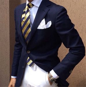 2020 blu navy abito da uomo con pantaloni bianchi risvolto dentellato uomo smoking formale abiti da sposa smart casual business party homme terno X0909