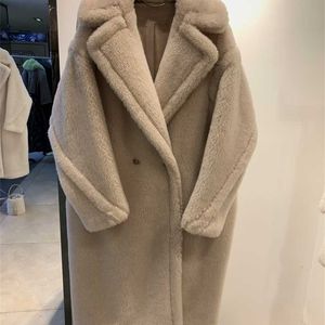 Реальный мех длинный пальто зимняя куртка женщин 100% шерстяной контент тканый ткань толщиной теплый свободная верхняя одежда негабаритная уличная одежда Teddy уют 21129