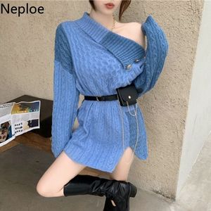 NEPLOE Moda sweter kobiety dzianiny żebrowane patchwork swetry turtleneck nieregularny koreański skoczek płaszcz pasek pasek 4G151 210422