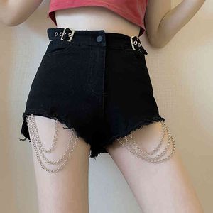 Svart Shorts High-Waisted Chain Dekoration Jeans Kvinna Byxor Rippad för Kvinnor Skinnig kvinna 666c 210420