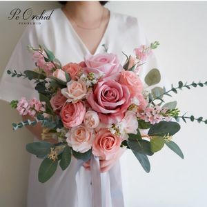 Peoorchid artifical destyピンクのウェディングブーケロマンチックな牡丹のブライダル手作りシルクローズ花嫁の手ヴィンテージ