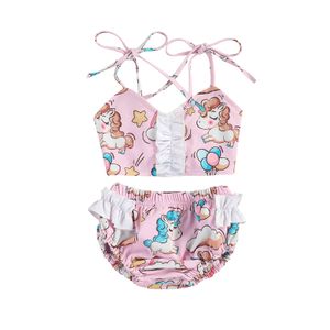 6M-4Y Summer Cartoon Unicorn Kid Baby Girl Swimsuit Ruffles Bikinis Set Flower Swimwear Child Beachwear Bathing Suit 210515