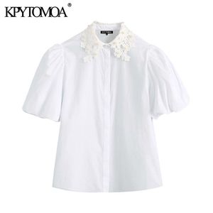 Kvinnor Söt Fashion Faux Pearl Beading White Blouses Lapel Collar Puff Sleeve Kvinnlig T-shirts Chic Toppar 210420
