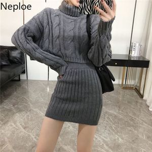 Neploe Ropa De Mujer 2 Piece Set Women Korean Suit Turtleneck Knitted Crop Pullovers Tops Slim Bodycon Mini Skirt Two-piece Sets 210422