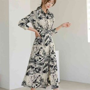 Elegante Impressão Maxi Coreia Ladies Manga Longa Sexy Party Camiseta Vestidos para Mulheres Roupas 210602