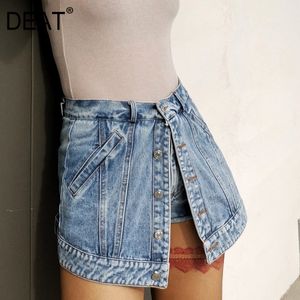 {DEAT} Shorts femininos de perna larga azul claro falso dois jeans cintura alta calças largas moda maré primavera verão 3D1694 210421