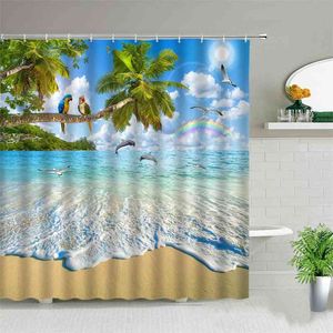 オーシャンアニマルビーチレインボーオウムドルフィンヤシの木の海の風景シャワーカーテンバススクリーン防水ファブリックバスルームカーテン210915