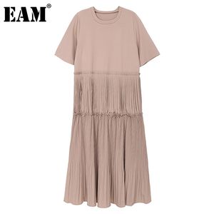 [EAM]女性アプリコットプリーツフリルスプライスドレスラウンドネック半袖緩いフィットファッション春夏1dd7151 210512