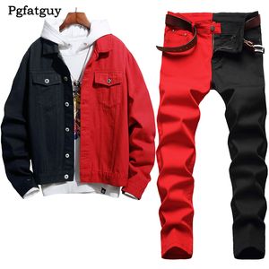 Outono inverno fatos de treino nova costura jeans conjunto de duas peças masculino vermelho preto fino ajuste jaqueta jeans e calças estiramento ropa hombre