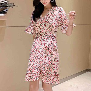 Printing Chiffon Boho Dress V Neck Sexy Floral Women High Waist Flare Sleeve Sweet Ladies es Robe Femme 13292 210508