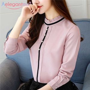 Aelegantmis Ofis Lady Stil Chic Şifon Bluz Standı Yaka Uzun Kollu Kadın Bluzlar Kadın Moda Rahat Gömlek Pink 210607 Tops