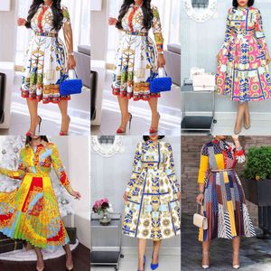 Summer Fall Lapel Mid-Calf High Waist Dress Big Plus Size Geometric Printed Elegant Office Ladies Tunic Pleated Midi Dress Y2K X0629