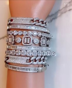 Handmade Sparkling Cuba Bracelets Luxury Jewelry 18K White Gold Fill CZ Crystal Zircon Hip Hop Party Promise High Quality Women Men Bangle For Lovers Gift