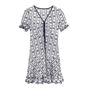 V Neck Short Sleeve Puff Mini Dress Summer Women A-line Ruffle Lace-up White Navy Floral Print D1992 210514
