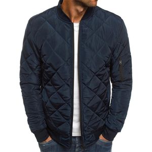 Män Quilted Padded Jacket Casual Zip Up Winter Warm Bomber Plaid Stand-Up Coat Windtroof Outwear 211217