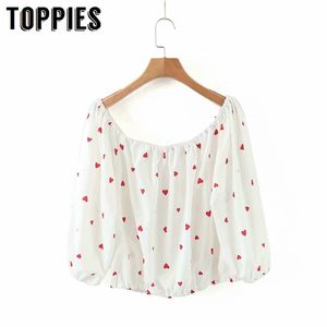 White Print Strapless Shirt Tops Women Sexy Sweet Shirts 210421