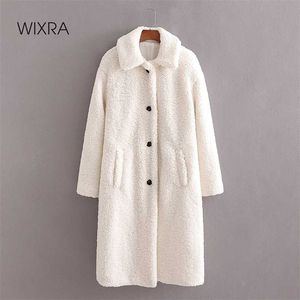 Wixra Womens White Coat Ladies Monopetto Lungo Capispalla Tasche Giacca Solido Lana di Agnello Soprabito Inverno Primavera 211007