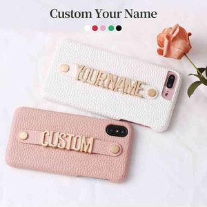 Holding Strap Metal Personalizacja Twoje imię Kamyk Ziarna Skórzany Phone Case 12 11 Pro XS Max XR 7 7Plus 8 8Plus X