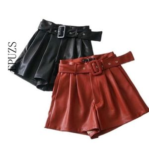 Vintage Black PU Läder Shorts Kvinnor med Bälte Faux High Waist Shorts Casual Loose Mini 210521