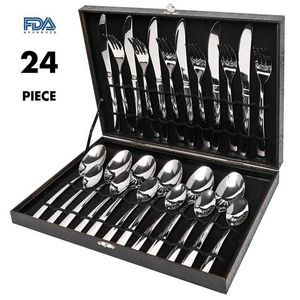 Gift Wooden Box & 24PCS Cutlery Set Steel Dinner Set Stainless Steel Mirror Polishing Sets Tableware Flatware Dinnerware 211112