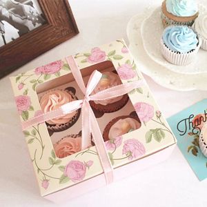 Piekarnia Piekarnia Flower Paperboard Pudełka do pakowania 4 Grid Muffin Cupcake Box Z Okno Christmas Party Favors