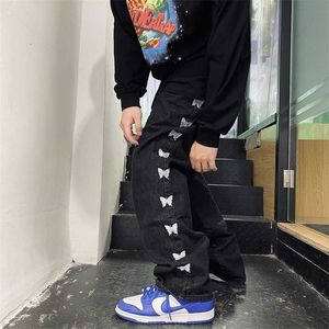 Men's Black Jeans Harajuku Butterfly Embroidery Hip Hop High Street Loose Straight Leg Daddy Pants Man Trousers 9Y5330 211011