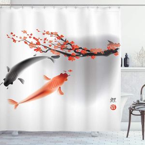 Duschvorhänge Japanischer Vorhang Koi Karpfen Fisch Paar Schwimmen mit Kirschblüten Sakura Zweig Kultur Design Stoff Badezimmer Dekor Set