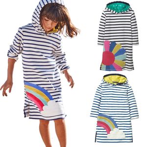 Stripe Rainbow Baby Girl Dress Bambini Abiti interi Fiore Manica lunga Ragazze Camicetta Abbigliamento Felpe con cappuccio Abiti per bambini Giacche 210413