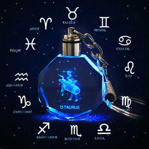 Crystal Zodiac Sign 12 Constellation Key Chain 3D Star Sign Women's Accessories LED Light Key Ring Zodiac Gemini Birthday Gift G1019