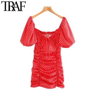 TRAF女性シックなファッションポルカドットプリーツミニドレスビンテージランタンスリーブサイドジッパーメスドレスVESTIDOS MUJER 210415