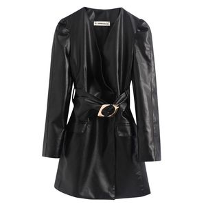 Chic Tie Belt Black leather Dress Fashion Women V-Neck Dresses Elegant Ladies Pockets Long Sleeve Mini Dresses 210520