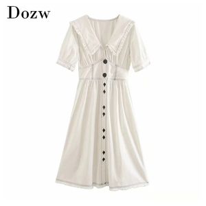 Elegantes A-Linie-weißes Midi-Kleid für Damen, gestreift, lässig, kurzärmelig, Baumwolle, Reverskragen, Sommer mit Knöpfen 210515