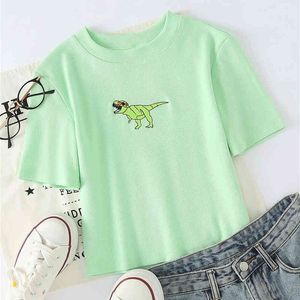 Mulheres dos desenhos animados impressão verde manga curta tee tops feminino moda bordado dinossauro t-shirt femme 210421