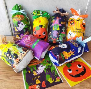 50st / Lot Halloween Ribbon Drawstring Bag Candy Present Matlagring Förpackningspåsar med pumpa spökmönster Partihandel