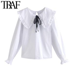 Traf Women Sweet Fashion With Bow Lose Bluzki Vintage Peter Pan kołnierz Długie rękawy żeńskie koszule szykowne topy 210415