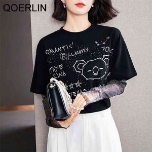 Mesh Fake Two-Piece Beaded T-Shirts Women Summer Chic Short Sleeve Harajuku Loose Casual Oversized Black Tops Plus Size 210601