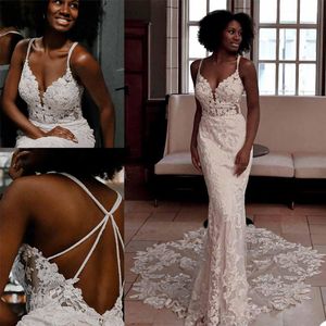 2021 White Mermaid Wedding Dresses Spaghetti Straps Neck Bridal Gowns Backless Beads Lace Applique Nigerian Arabic Marriage Dress Elegant Robe De Mariee
