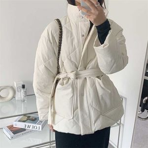 Autumn Winter Argyle Pattern Women Stand Collar Oversized Down Jacket Fashion Single-breasted Solid Parka Lace-up Chic Coat 211013